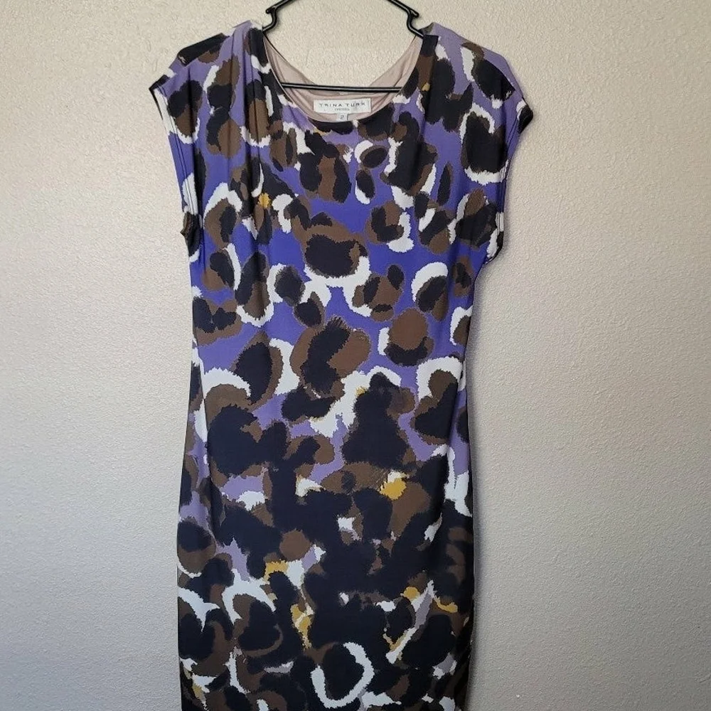 Trina Turk ♡ Breene Dress Size 2 Lapis Purple Black Print Knit Cap Sleeve Shif - Picture 2 of 10